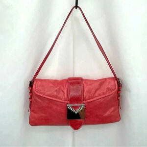 Via Spiga Bejeweled Leather Clutch Purse Pink Snap Close Dbl Adjustable Handles